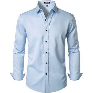 Men's Blue Stretch Wrinkle Shirts Formal Long Sleeve Slim Fit Button Down Shirt